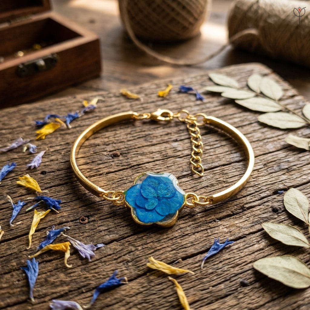 Azure Bloom Bangle Bracelet handcrafted with real Hydrangea and resin