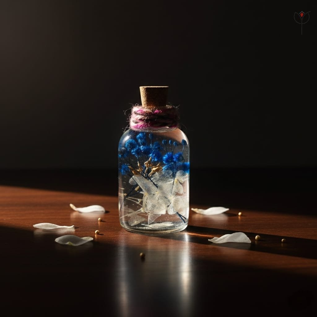 blue-hydrangea-babys-breath-glass-bottle-decor blue hydrangea and baby’s breath in clear glass bottle