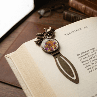 Boho Botanical bookmark with orange and purple petals and gold leaf