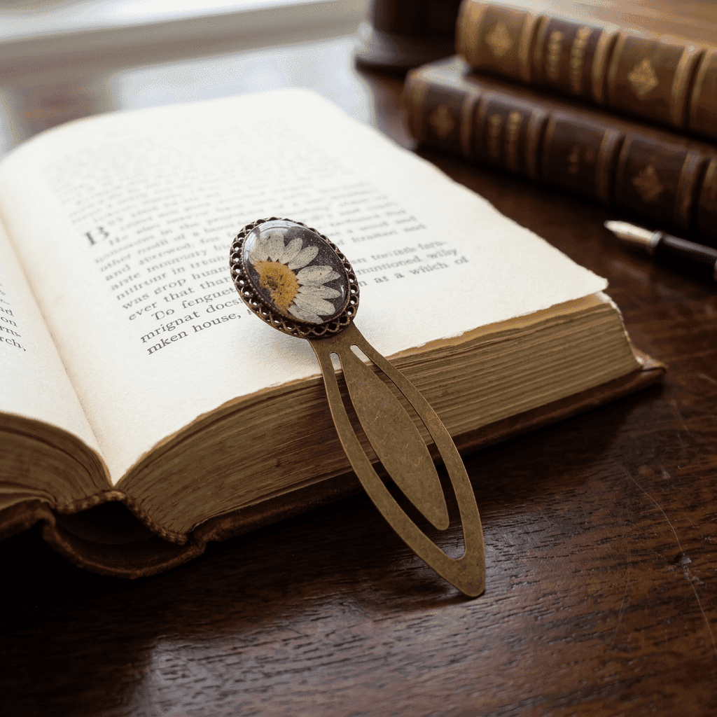 botanical-nocturne-daisy-resin-bookmark Close-up of Obsidian Orchid bookmark showing the white petals