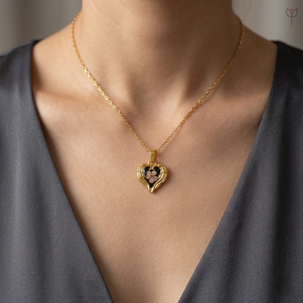 botanical-plum-flower-necklace Pink blossom in the Majestic Plum Pendant with golden wings