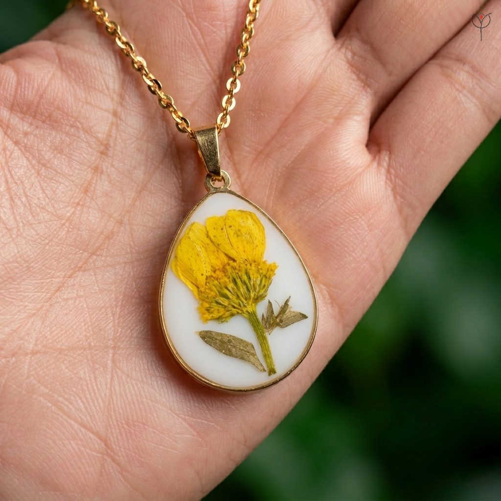 Yellow wildflower preserved in a white resin teardrop base