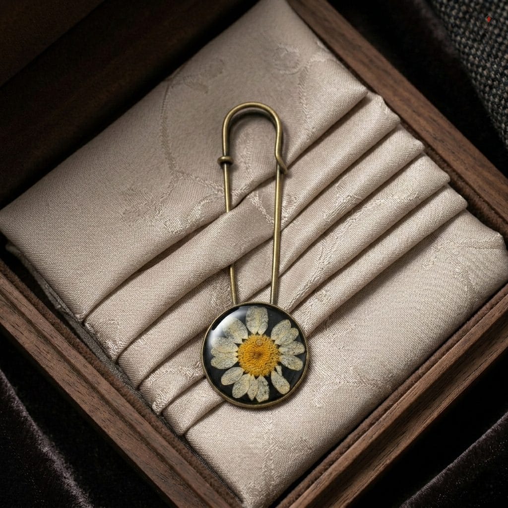 Classic Daisy Flower Brooch with real daisy and antique frame