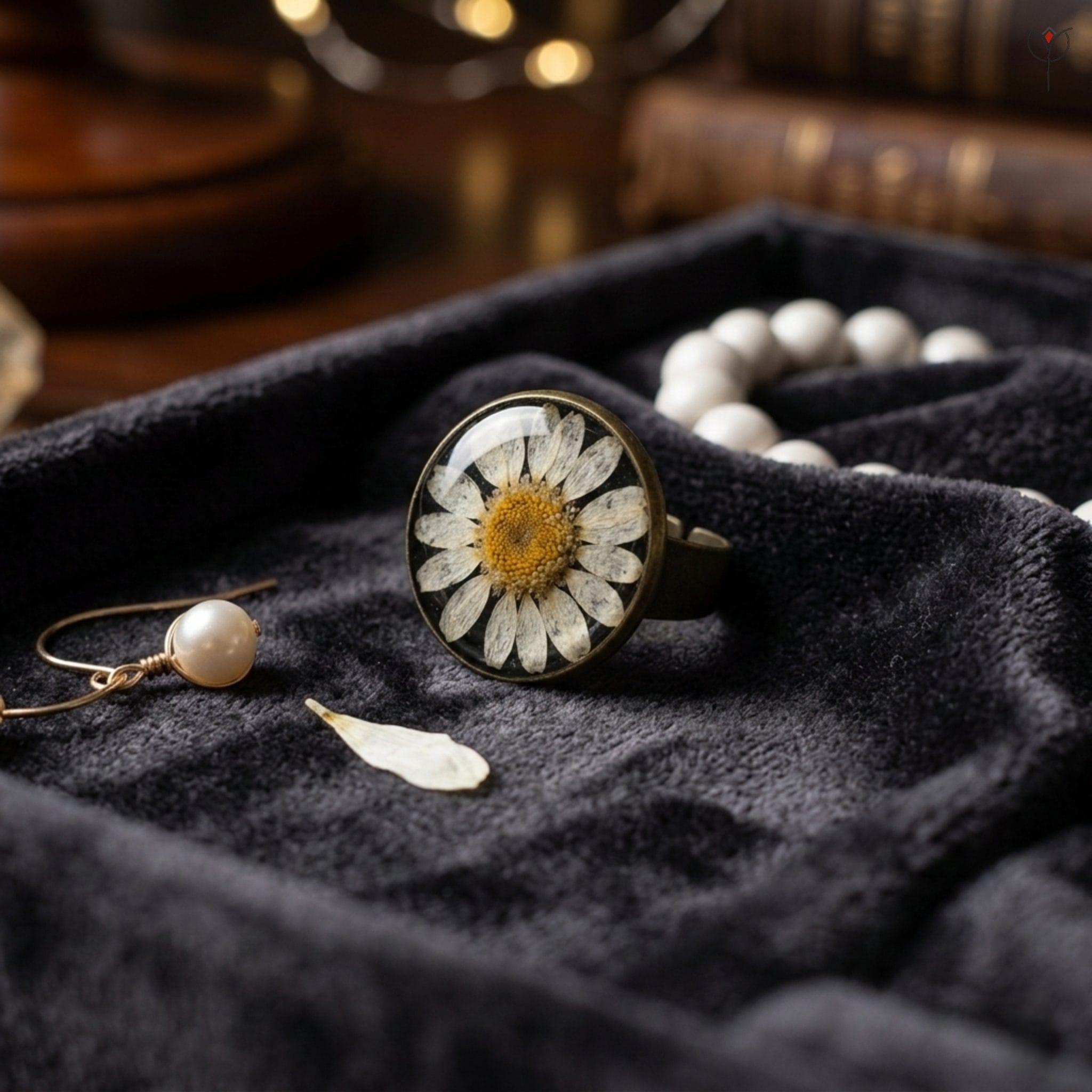 Classic dark daisy ring with real flower