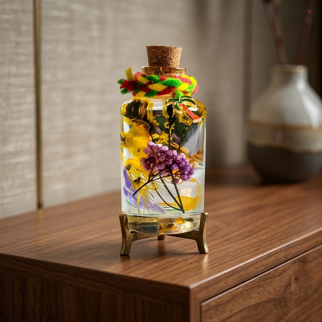 coastal-preserved-flower-glass-garden Purple rice flower and blue pampas glass garden