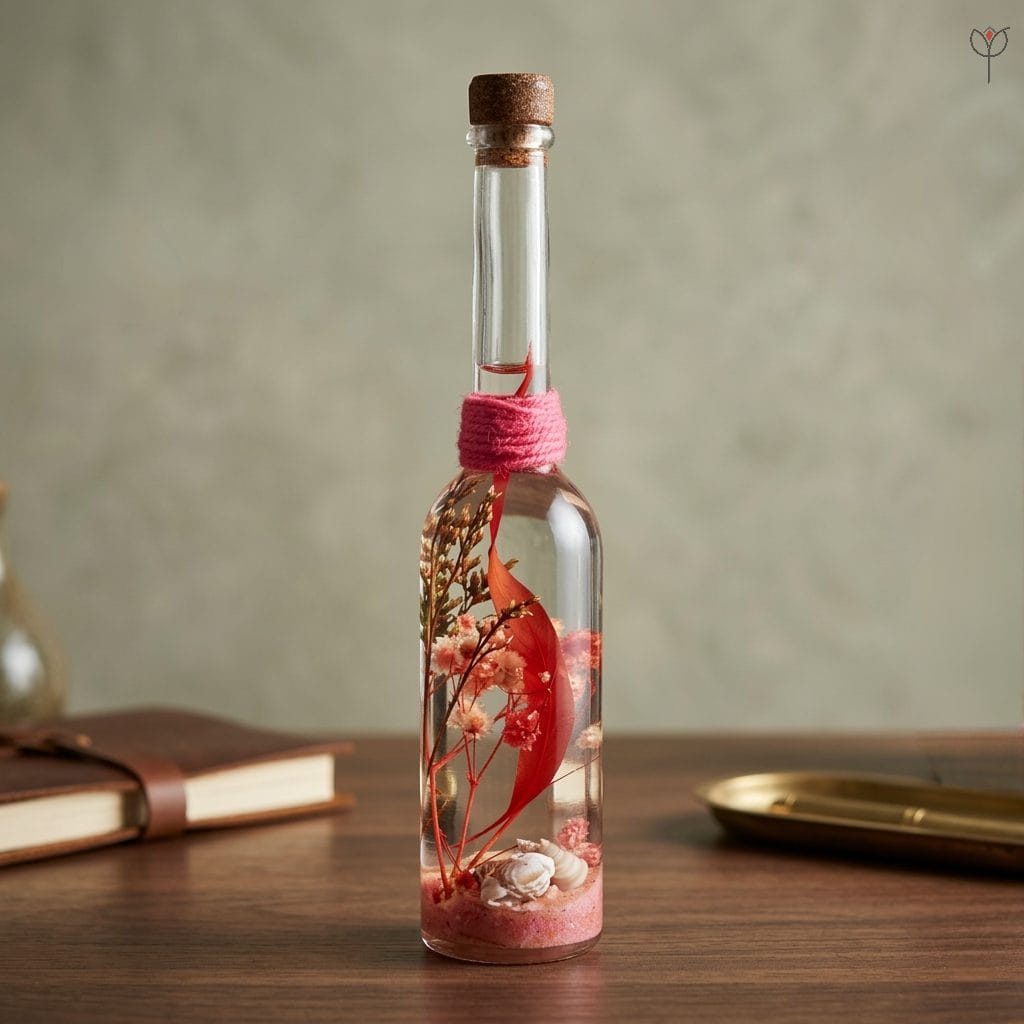 Tall glass bottle with red limonium and sea shells in mineral oil