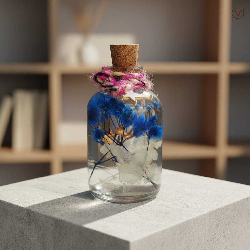cobalt-babys-breath-hydrangea-preserved-bottle Reverie preserved floral glass garden decor by MystikFalls