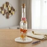 Red baby's breath and white hydrangea in tall glass bottle