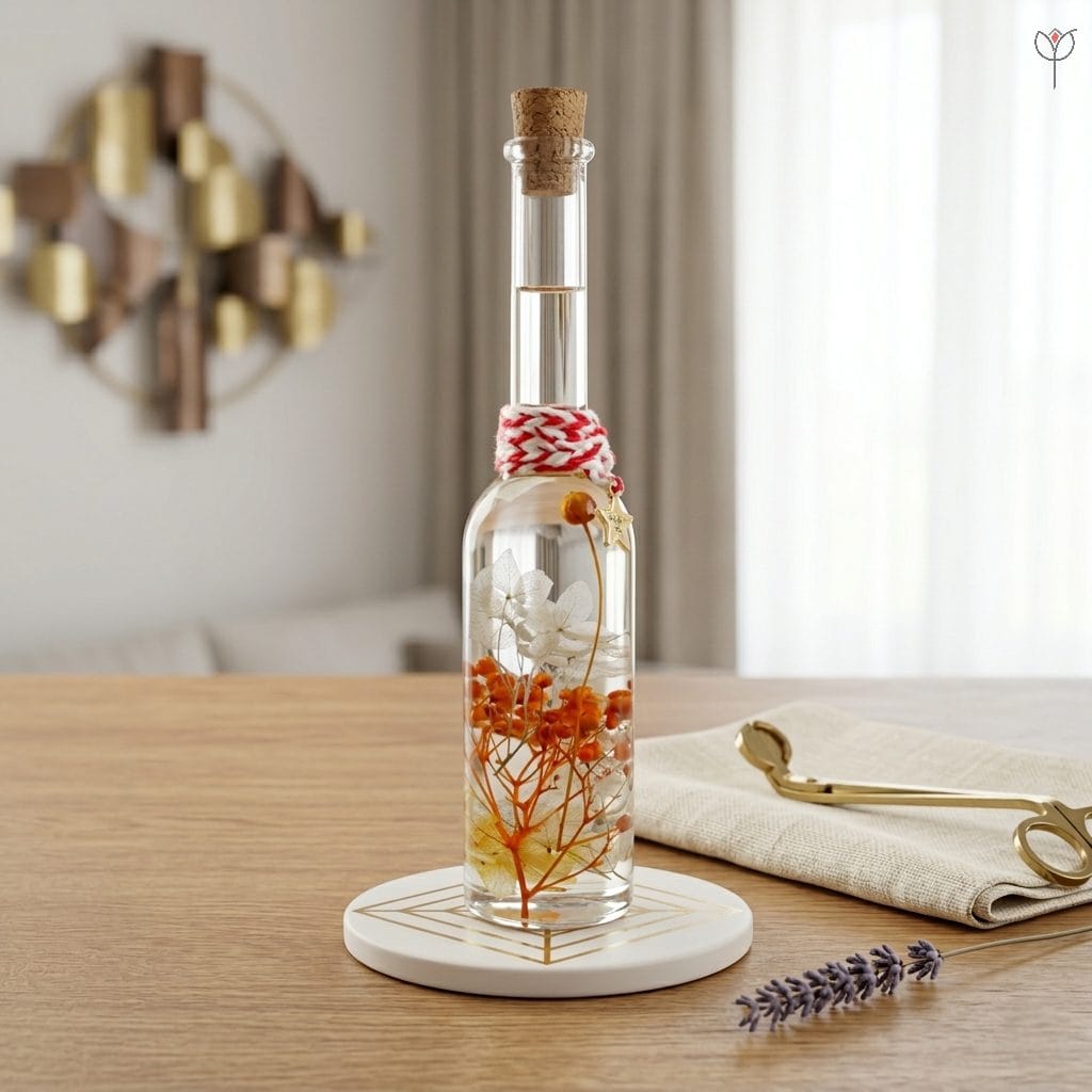 crimson-and-frost-preserved-floral-decor Red baby's breath and white hydrangea in tall glass bottle