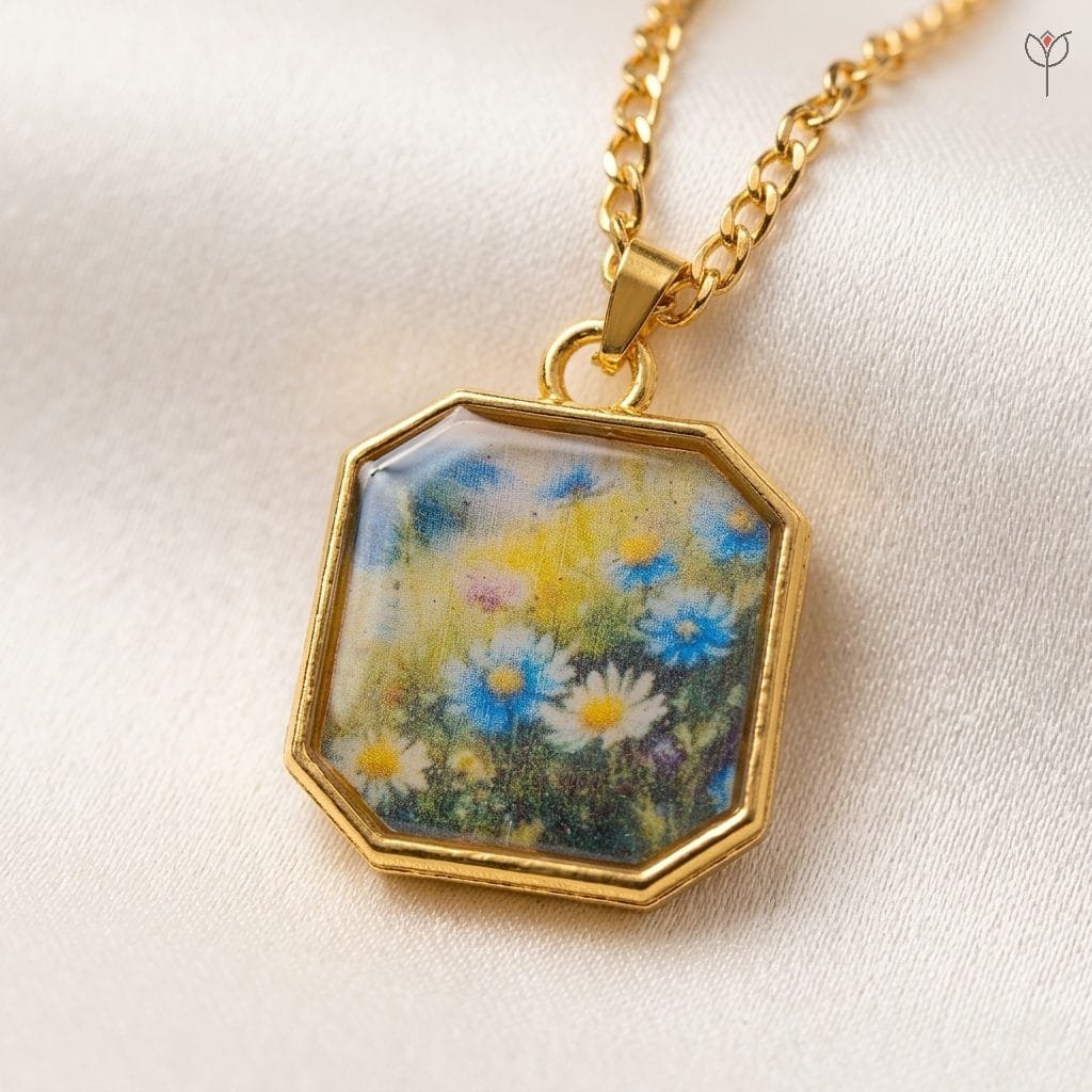 daisy-octagon-gold-necklace Octagon gold-framed pendant with blue and white daisy pigment art in resin