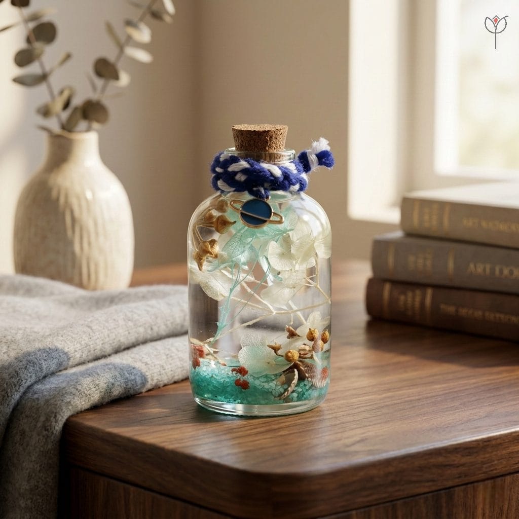 dreamwave-glass-garden-mystikfalls Dreamwave Glass Garden preserved flower bottle with hydrangea and shells