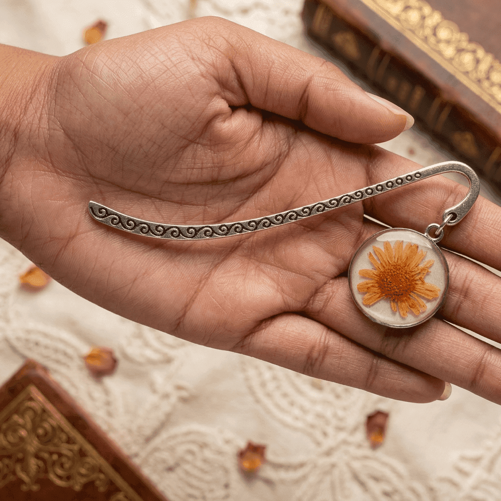 etched-silver-solar-swirl-resin-marker Handcrafted silver hook bookmark with a sun-like orange Aster