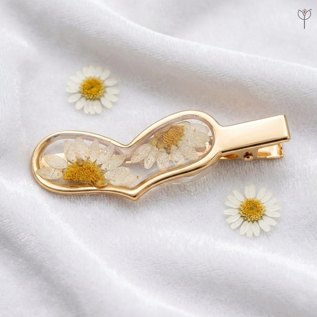 flora-gleam-hair-clip Flora Gleam hair clip with pressed daisy flowers