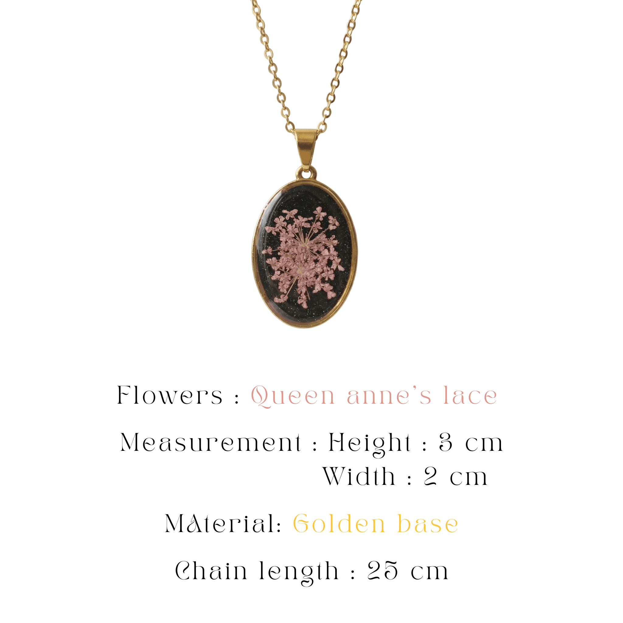 Close up of a botanical pendant on a delicate gold chain
