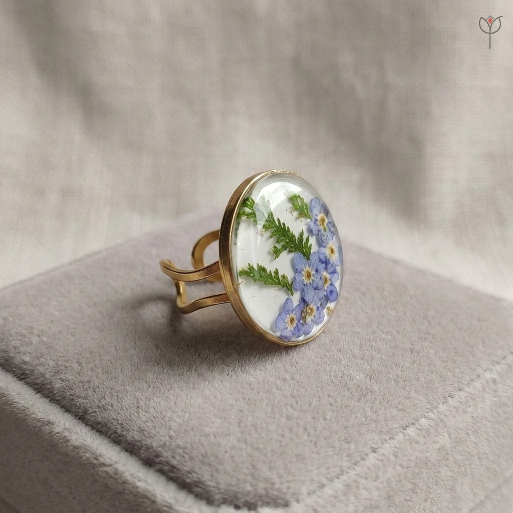 Real forget me not flower resin ring