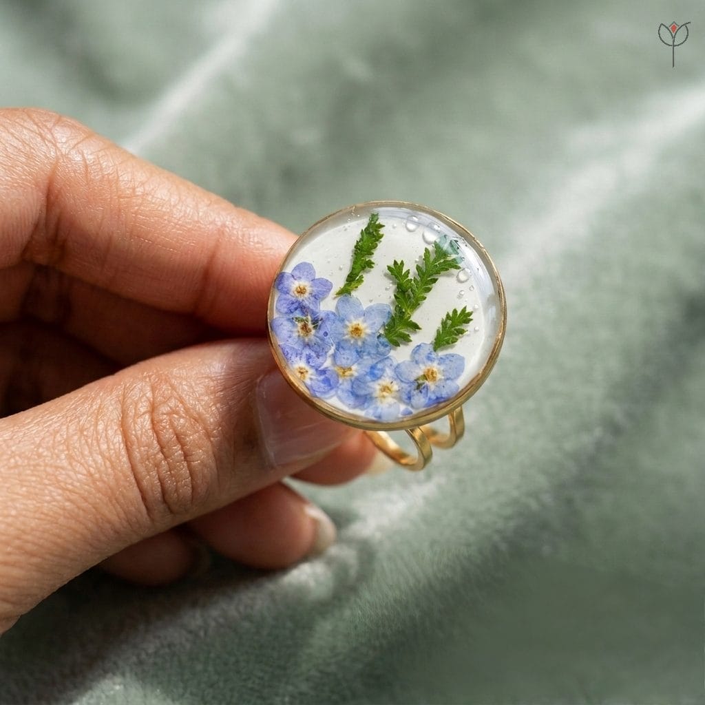 Forget Me Not Valley Ring with real blue forget me not flowers