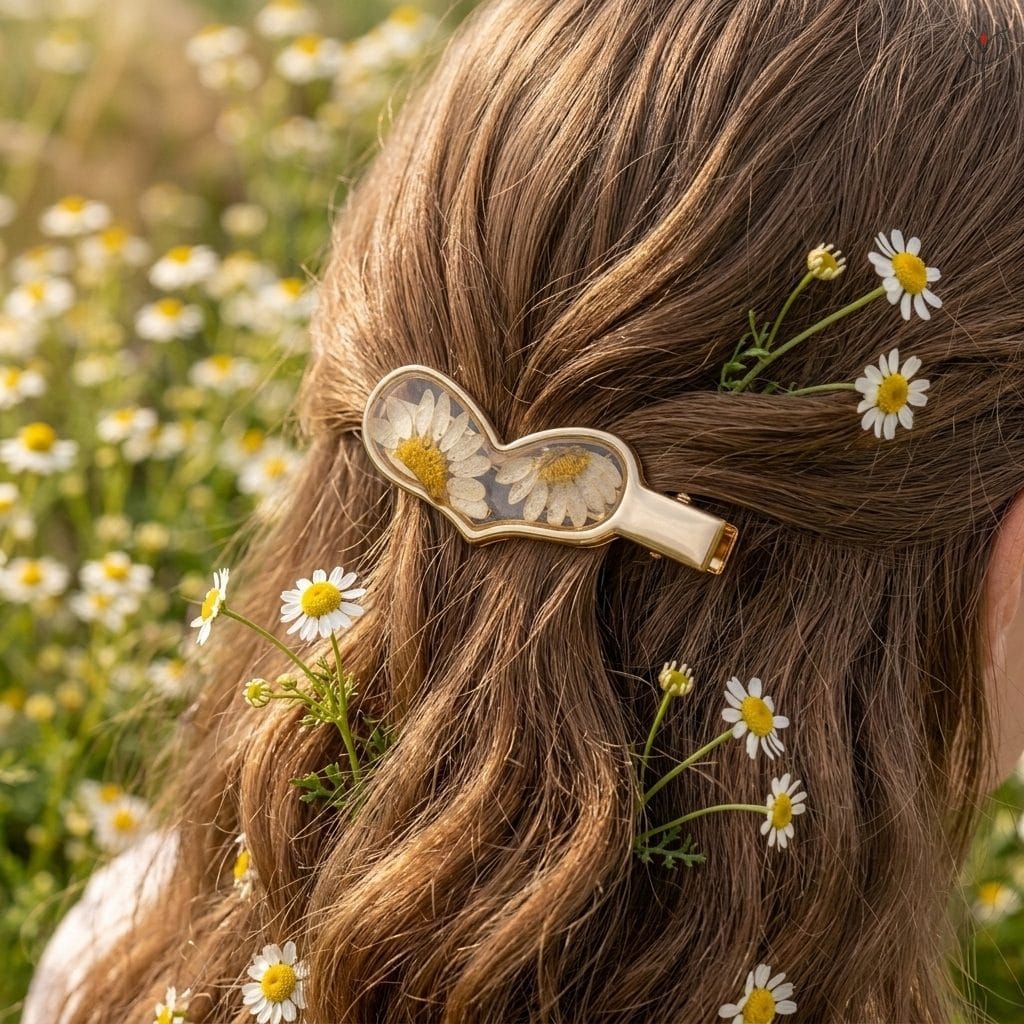 golden-daisy-flora-gleam-clip Golden hair clip with preserved daisy flowers in resin