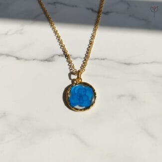 Golden Ocean Pendant with preserved blue hydrangea