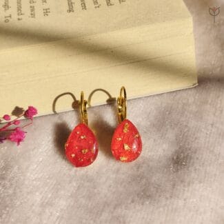 Golden scarlet drop earrings red hydrangea