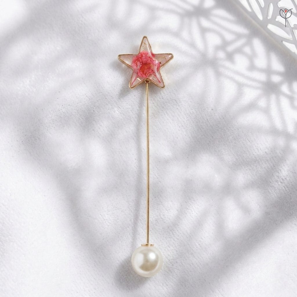 golden-wand-saree-star-pin golden Floral Wish Wand Brooch with a pearl