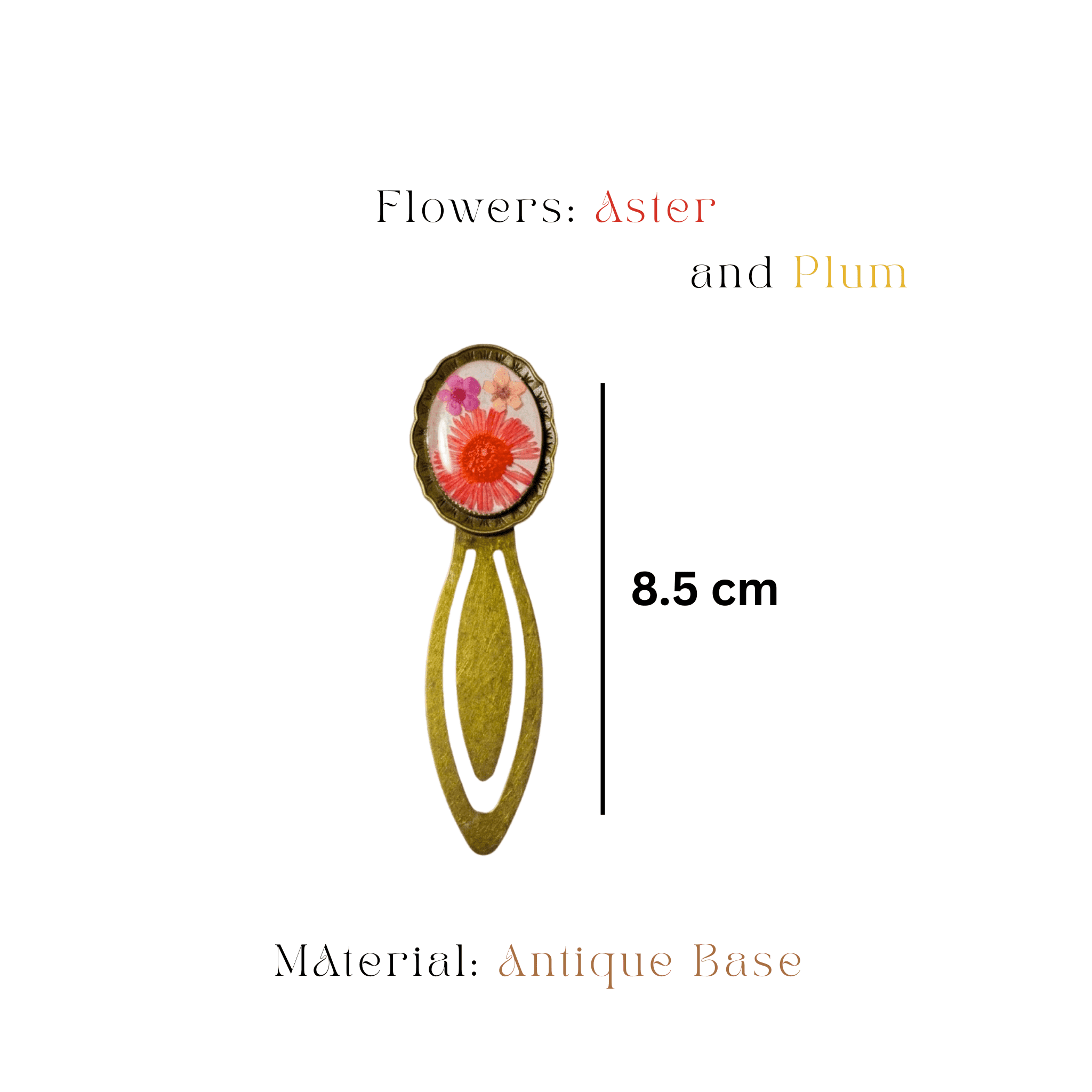 Handcrafted resin bookmark with botanical aster and dried plum flower inlay