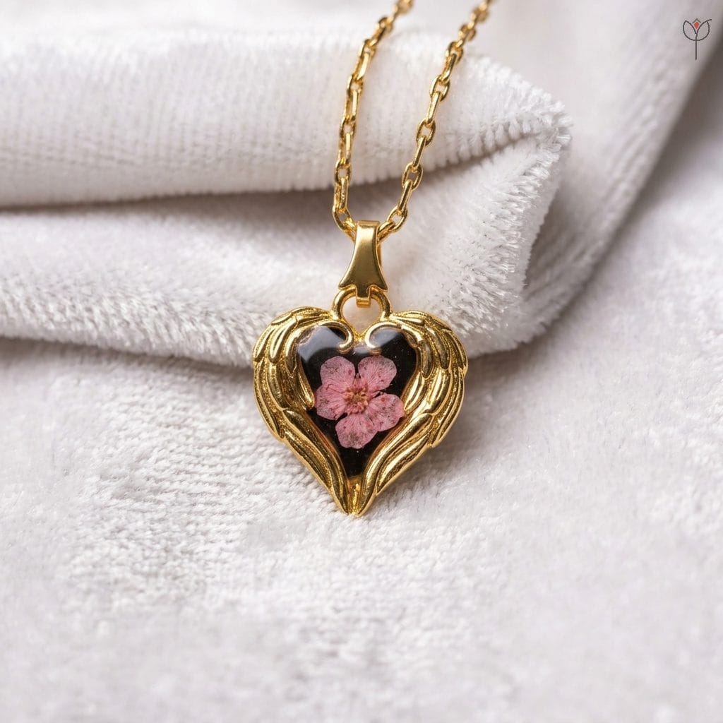 handmade-resin-floral-jewellery Real pink flower set in a black resin heart with golden wings