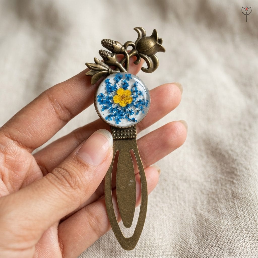 handmade-sapphire-sun-floral-resin-marker Resin bookmark with a sapphire blue flower halo and yellow centre