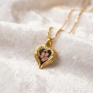 Majestic Plum Pendant featuring a pink flower in a gold heart