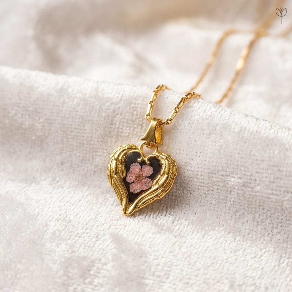 majestic-plum-pendant-gold Majestic Plum Pendant featuring a pink flower in a gold heart