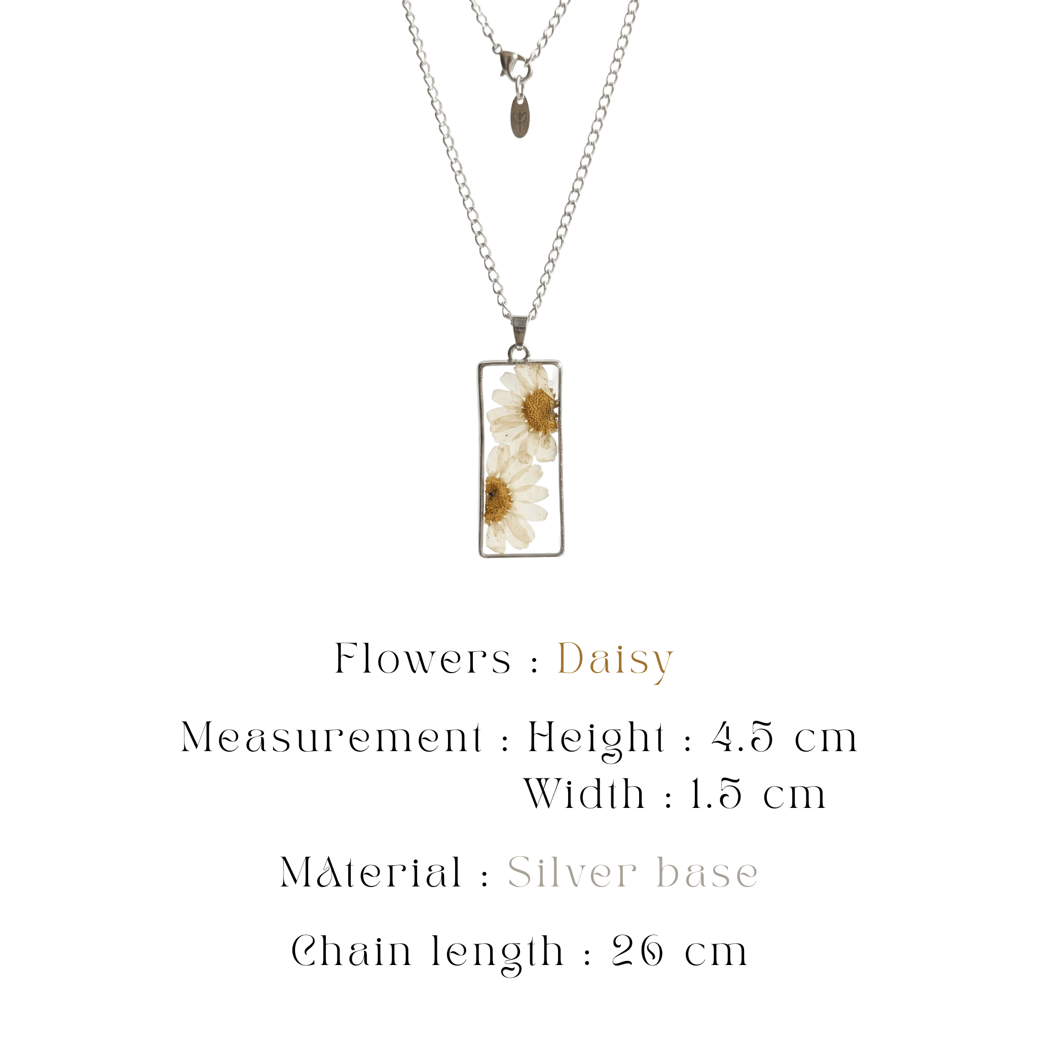 Close up of a botanical pendant on a sleek silver chain