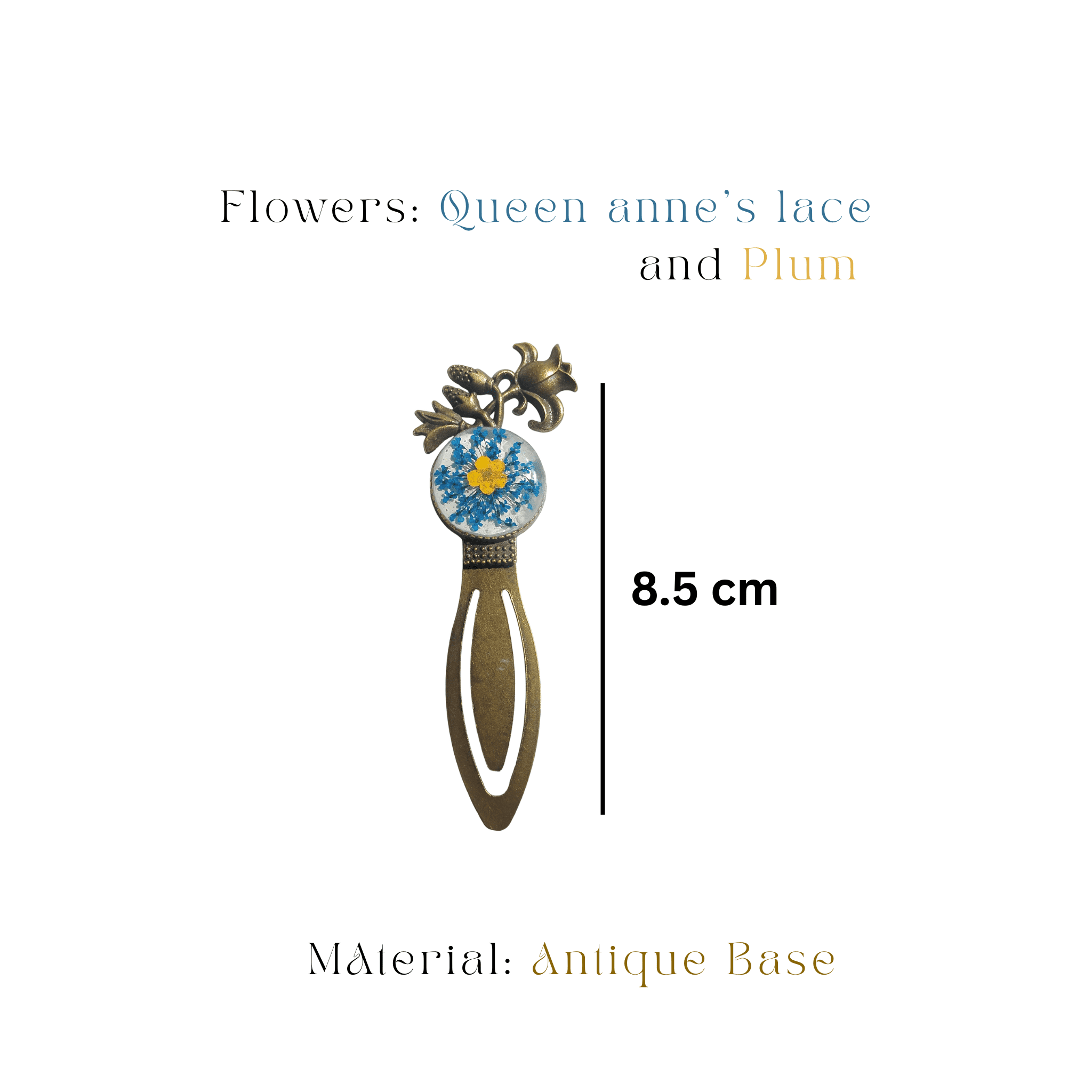 mystik-falls-cobalt-tulip-crown Antique bronze tulip crown bookmark with real blue and yellow flowers