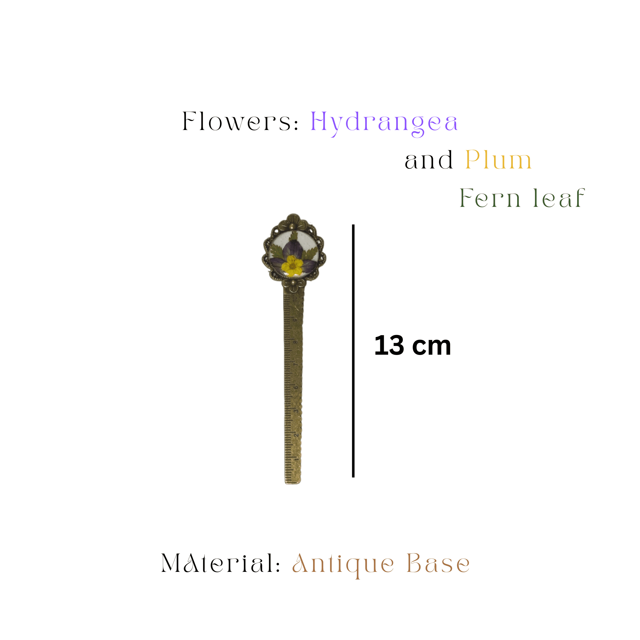 mystik-falls-purple-floral-ruler Antique bronze ruler bookmark with real purple flowers by Mystik Falls