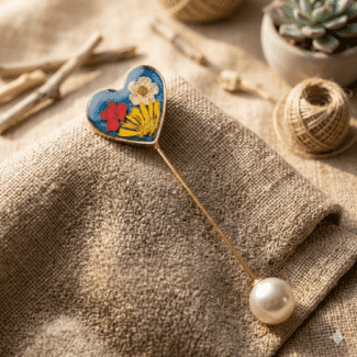 Golden base saree pin with preserved flowers and pearl