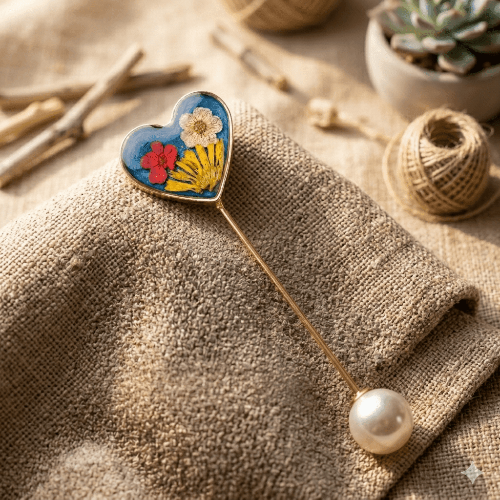 Golden base saree pin with preserved flowers and pearl