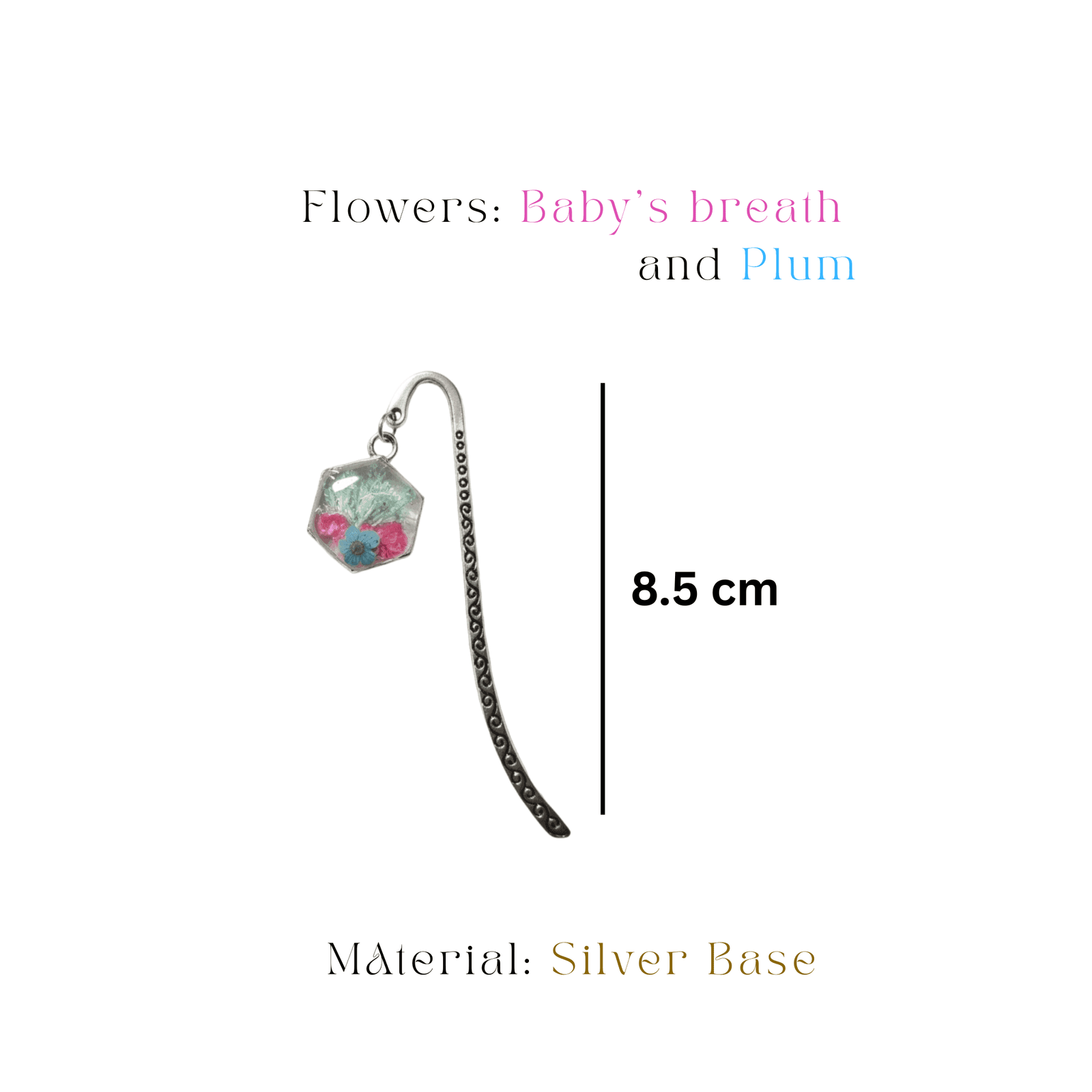 mystikfalls-hexagon-silver-flower Silver shepherd’s hook bookmark featuring a real flower hexagon resin charm