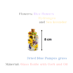 Preserved floral bottle with palm tree charm.