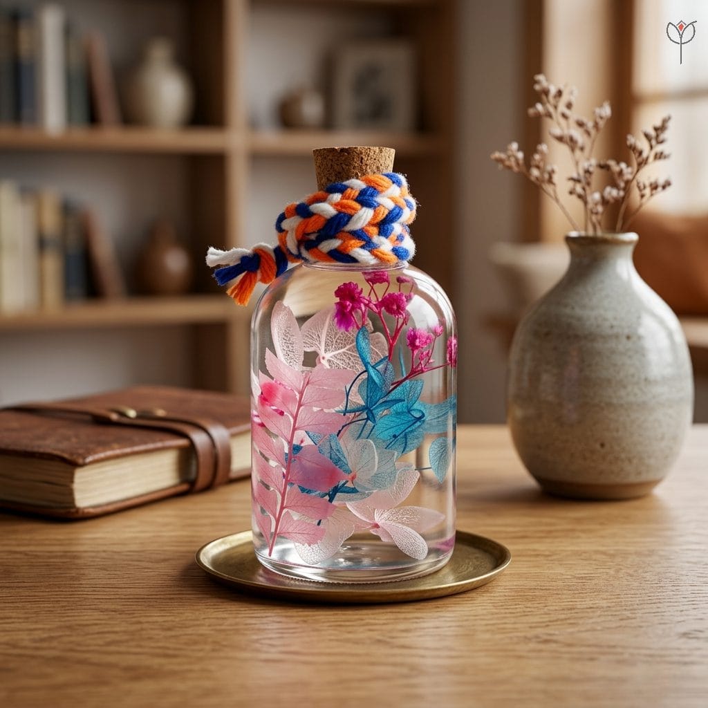 Colourful preserved flower bottle with braided twine