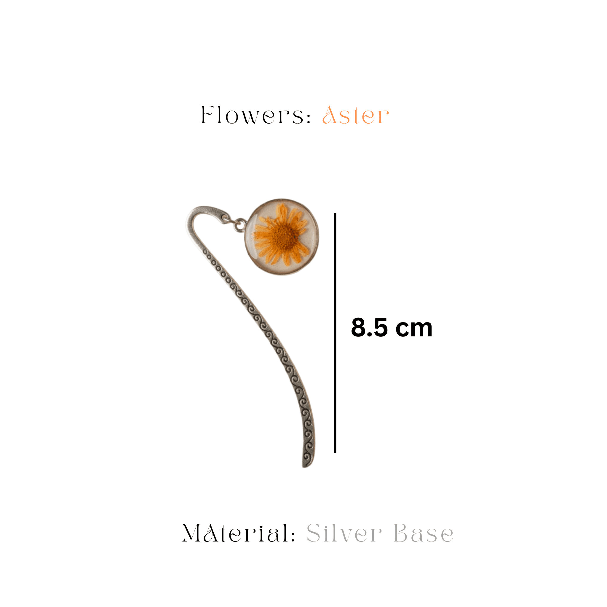 mystikfalls-silver-swirl-flower-hook Silver shepherd's hook bookmark with an orange Aster flower