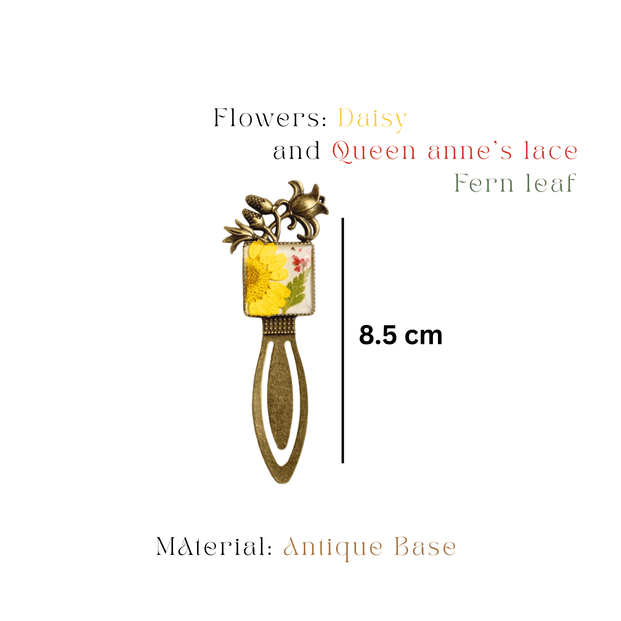 Antique bronze square bookmark featuring real yellow daisy and fern leaf