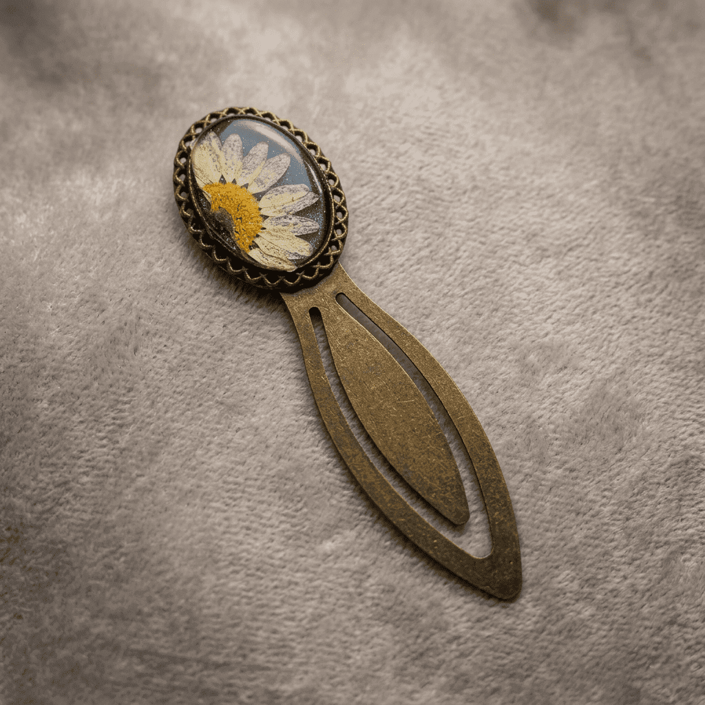 obsidian-orchid-daisy-bookmark Obsidian Orchid bookmark with a real white daisy in resin