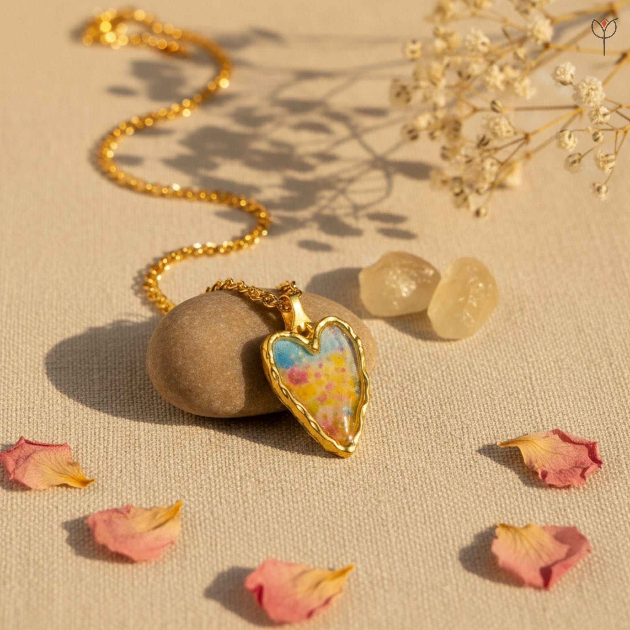 pastel-floral-resin-heart-necklace Heart-shaped gold pendant with abstract pastel floral pigments in resin