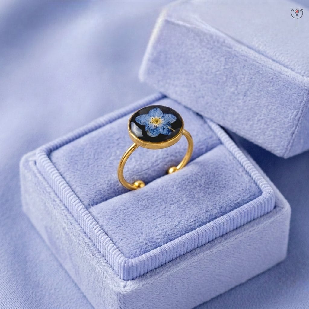Petite Blue Botanical Ring with a real Forget-me-not flower in black resin