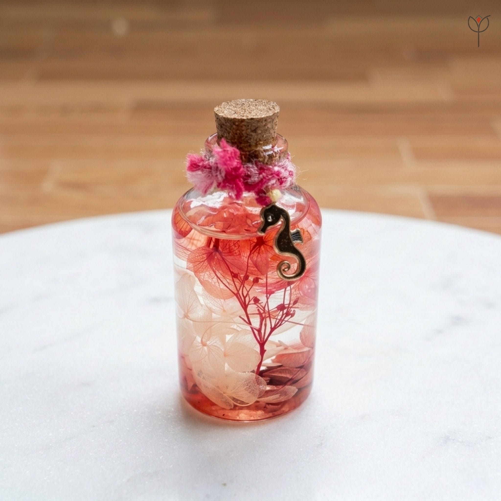 pink-hydrangea-petal-muse-glass-garden Mineral oil preserved flower glass bottle