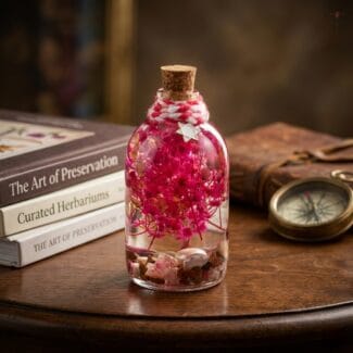 Pink Spellbound Glass Garden with preserved baby’s breath flowers in glass bottle