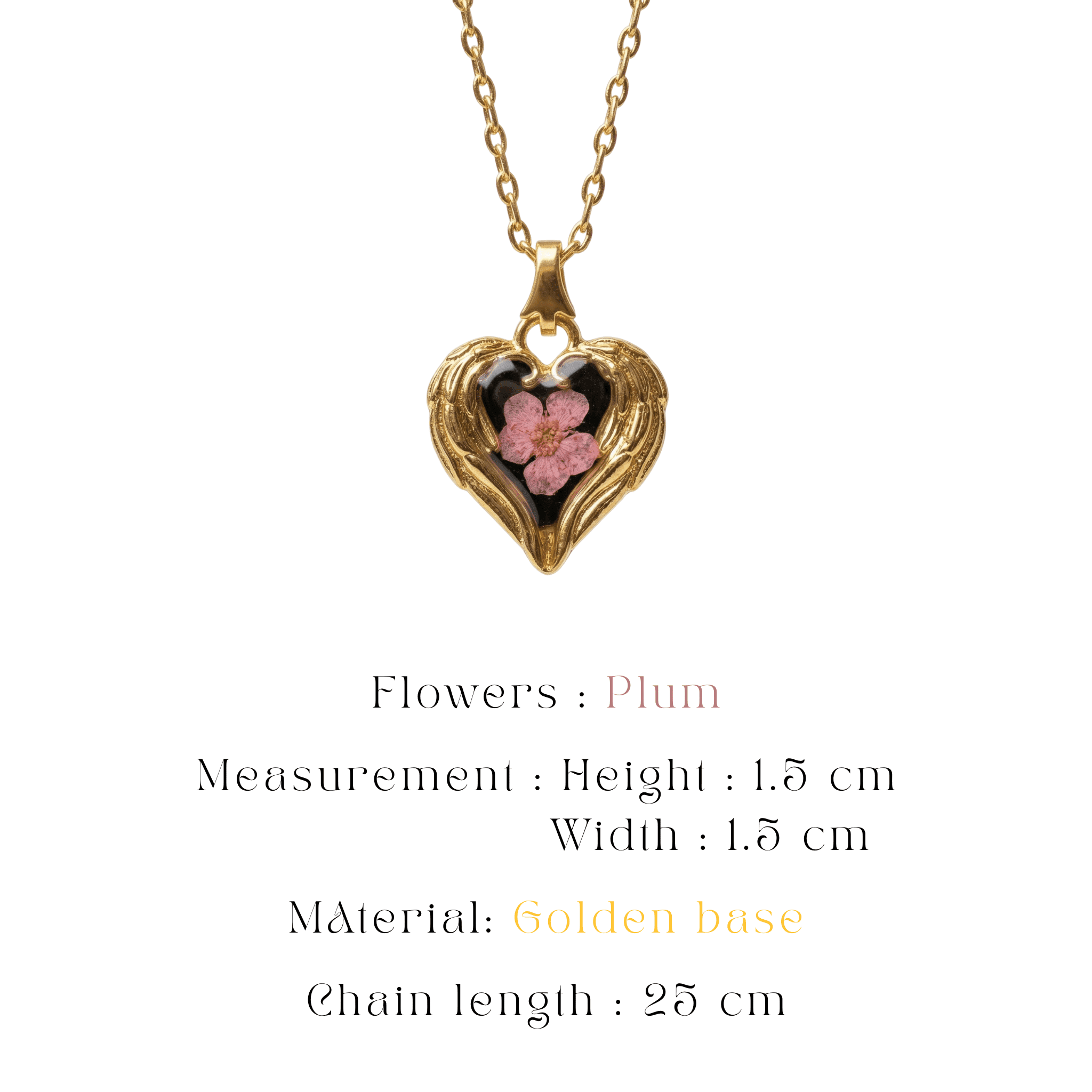 premium-botanical-heart-pendant Detailed view of a handcrafted floral pendant on a gold chain