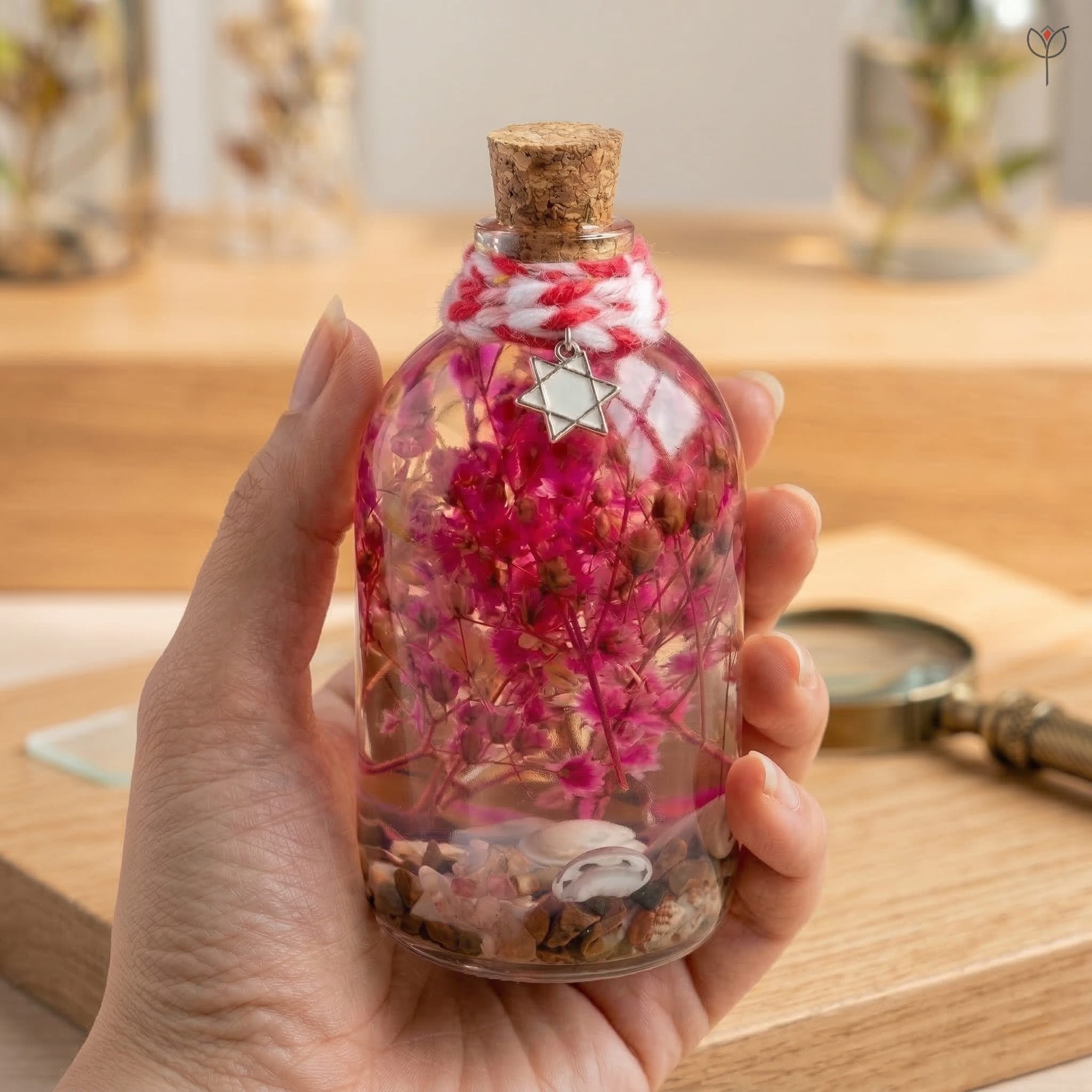 Mineral oil preserved pink baby’s breath glass bottle decor