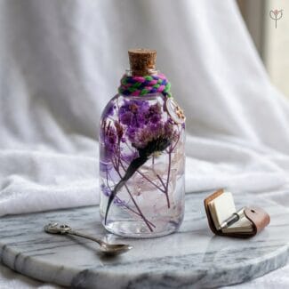 Purple Serenity Glass Garden with preserved hydrangea, sea lavender and baby’s breath