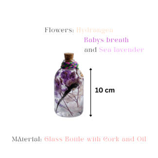 Hydrangea, sea lavender and baby’s breath preserved in mineral oil