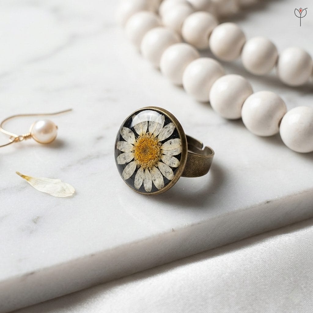 Real daisy resin ring with antique style band