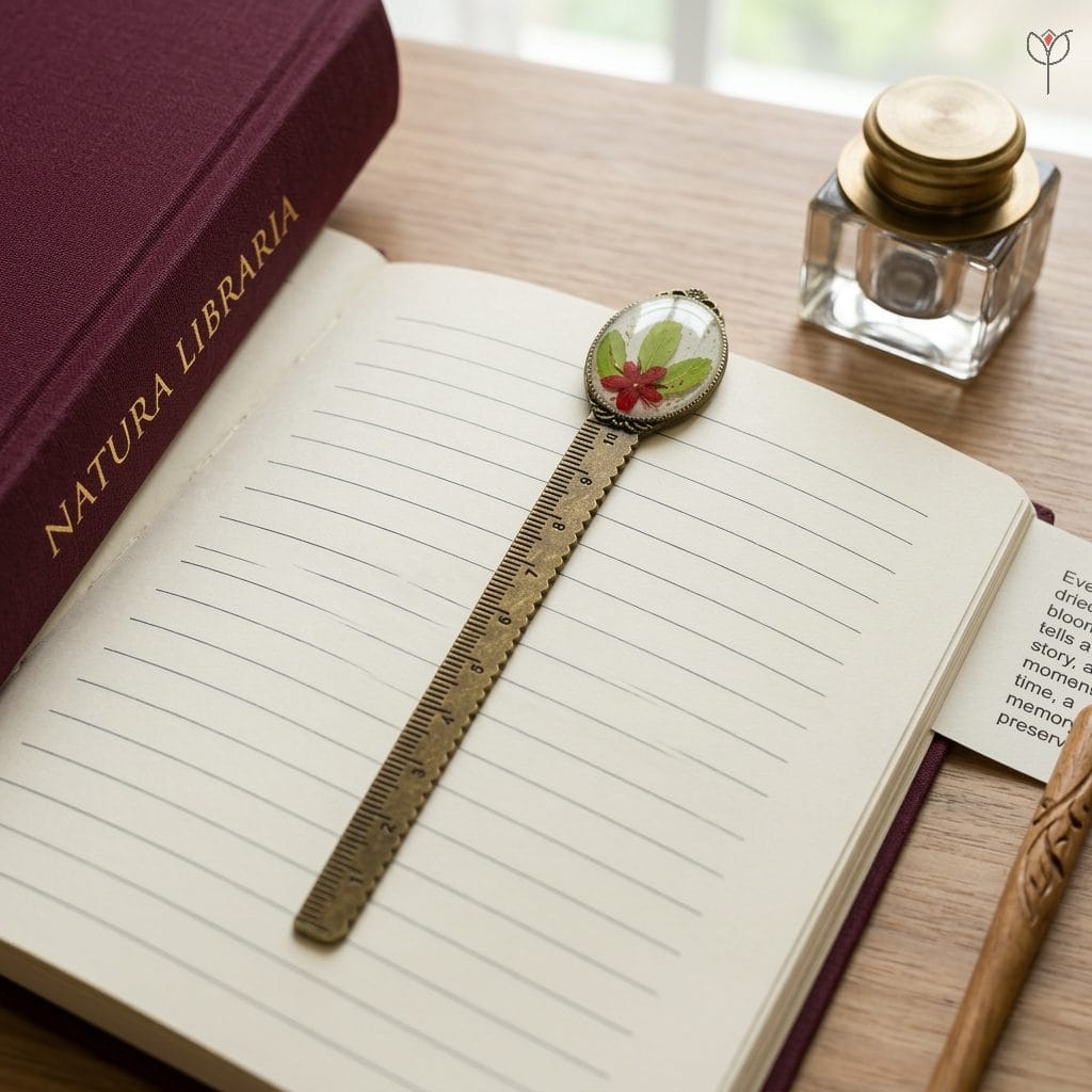 Close-up of Gilded Botany Measure showing real flowers on a metallic ruler base